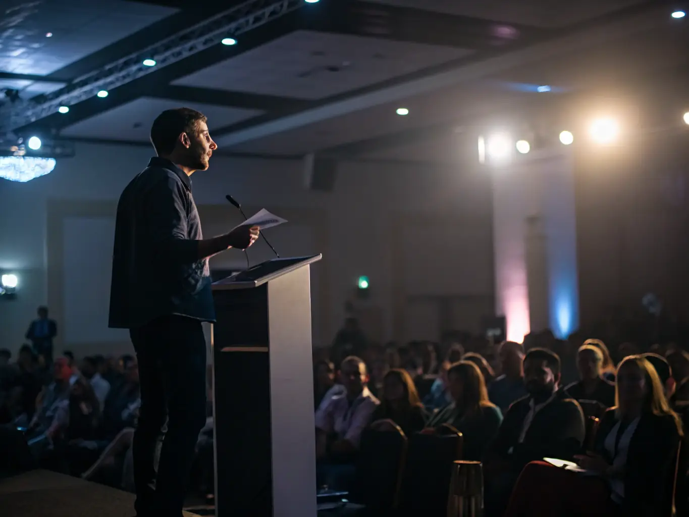 A dynamic shot capturing a keynote speaker passionately addressing a large audience at the Annual AI Conference in the UK, with the conference logo prominently displayed on the stage backdrop.
