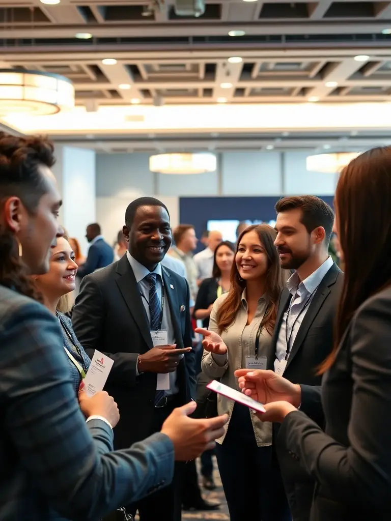 A vibrant photo capturing a networking event at the AI conference, showcasing attendees connecting and exchanging ideas in a relaxed setting.