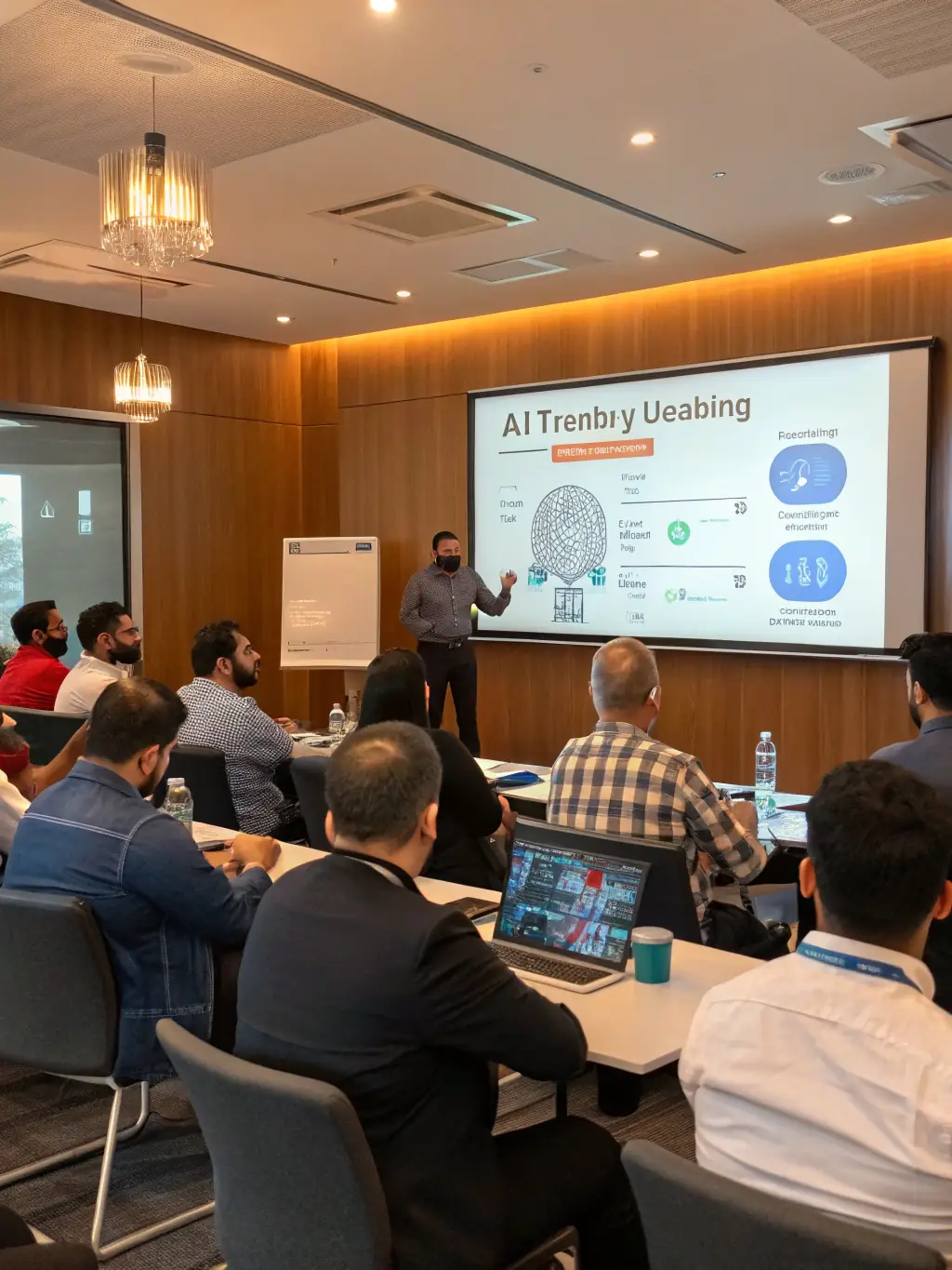 A dynamic image of a hands-on workshop session, showing participants actively engaged in coding and problem-solving related to AI applications.