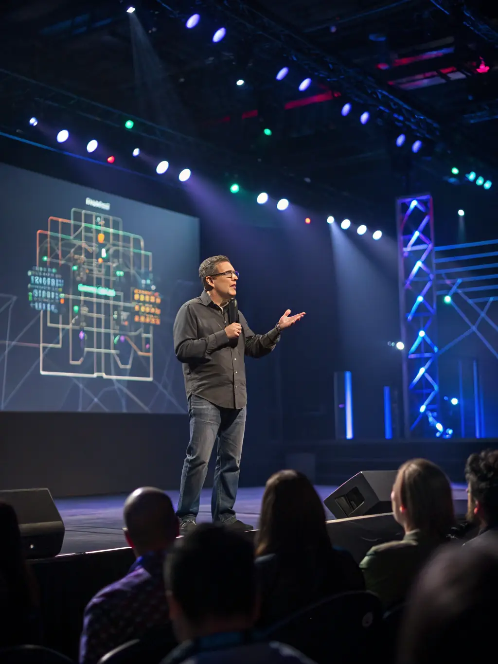 A photograph of a keynote speaker presenting on stage at the AI conference, with a focus on their engaging delivery and the audience's attentive expressions.